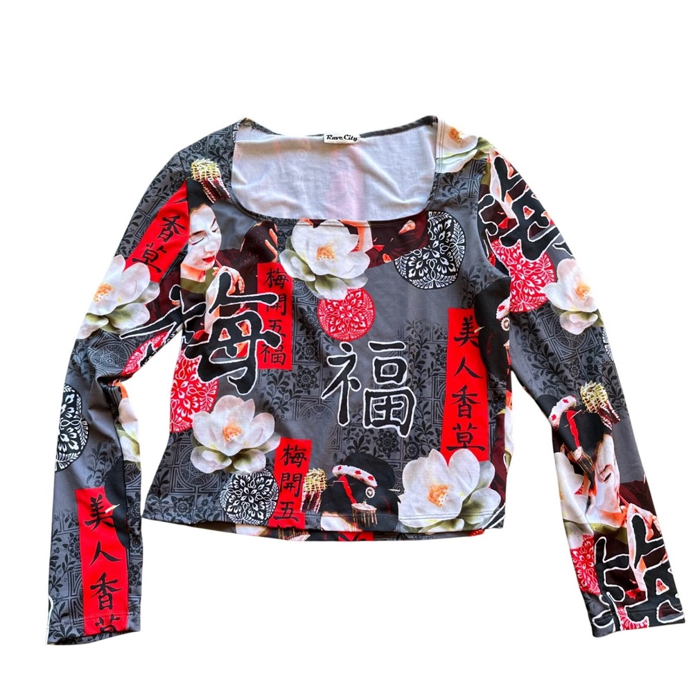 Rave City Geisha Graphic Print Long Sleeve Crop Top Square Neck Y2K Grey Red